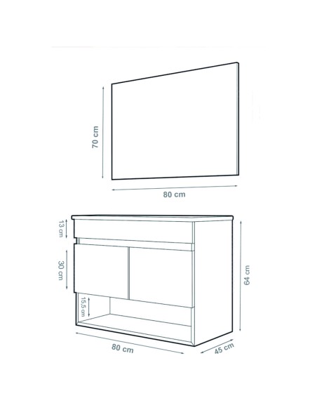 Nebari suspendeu a mobília do banheiro com a vaidade e o plano do espelho. 7 cores e 15 tamanhos