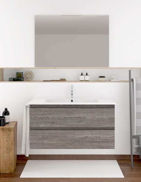 Mobiliário de banheiro suspenso Loki com plano de vaidade e espelho de carvalho esfumaçado