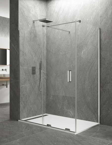 1 + 1 Corner Chuveiro com parede lateral fixa sem perfis superiores e inferiores. Vidro de 8mm