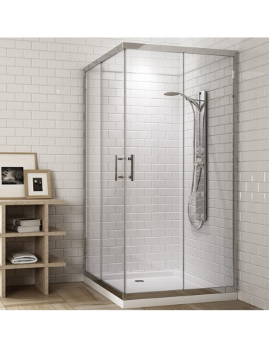 Cabine de duche quadrada com 2 painéis fixos e 2 portas de deslizamento transparentes