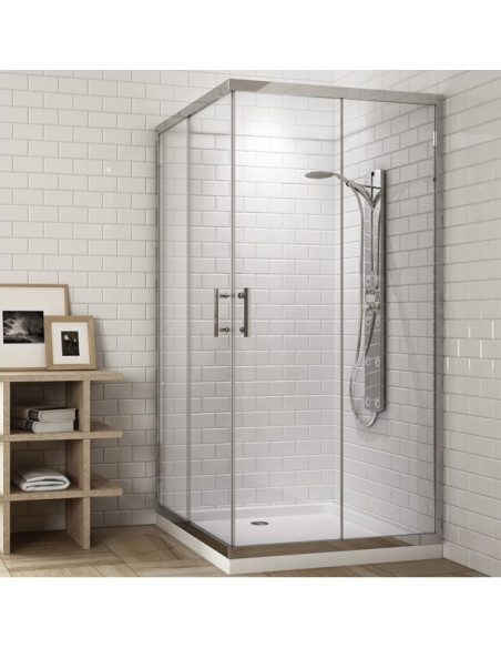 Cabine de duche quadrada com 2 painéis fixos e 2 portas de deslizamento transparentes