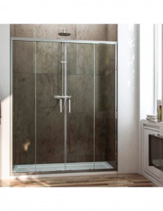 Parede de chuveiro frontal com 2 portas de correr e 2 painéis fixos transparentes
